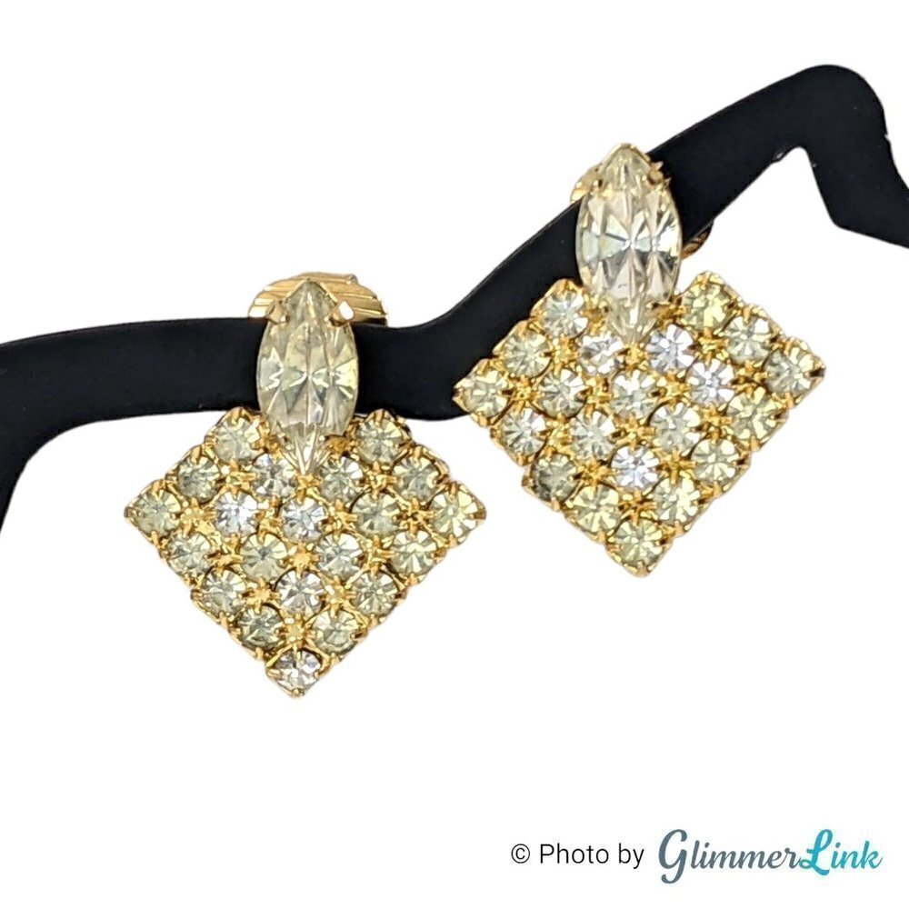 Vintage Geometric Crystal Gold Tone Clip On Earrings